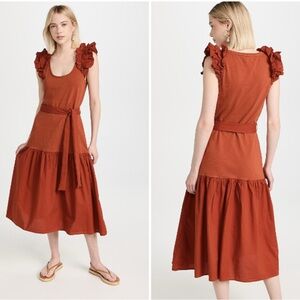 NATION LTD x Evereve Everleigh Ruffle Shoulder Midi Dress in Cayenne Size XS